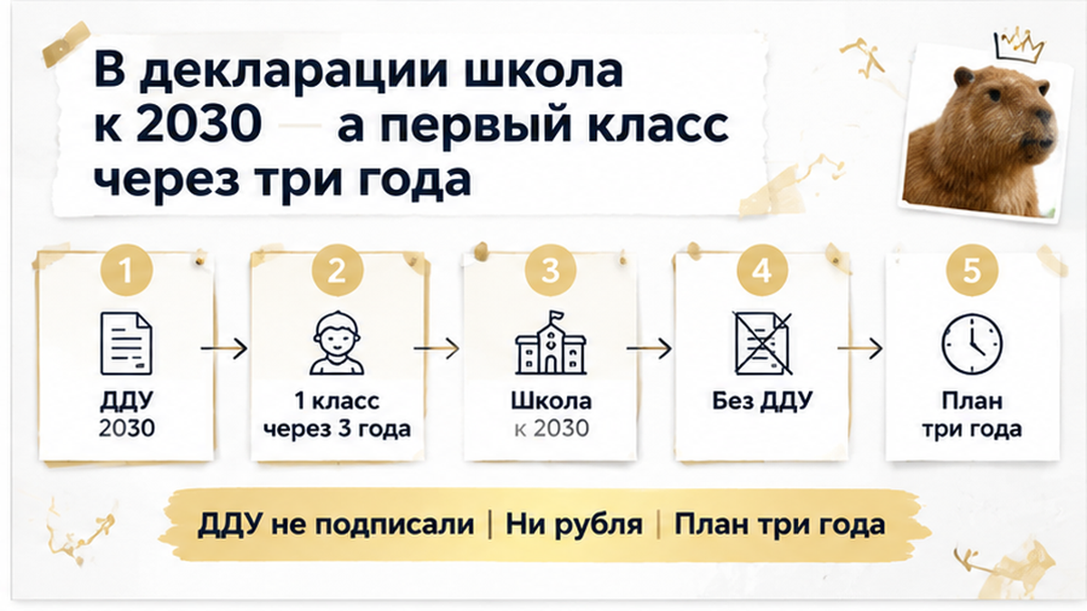 нумерованный процесс / таймлайн по новостройке в Тюмени: ДДУ не подписали, Ни рубля, План три года — иллюстрация к разбору сделки.