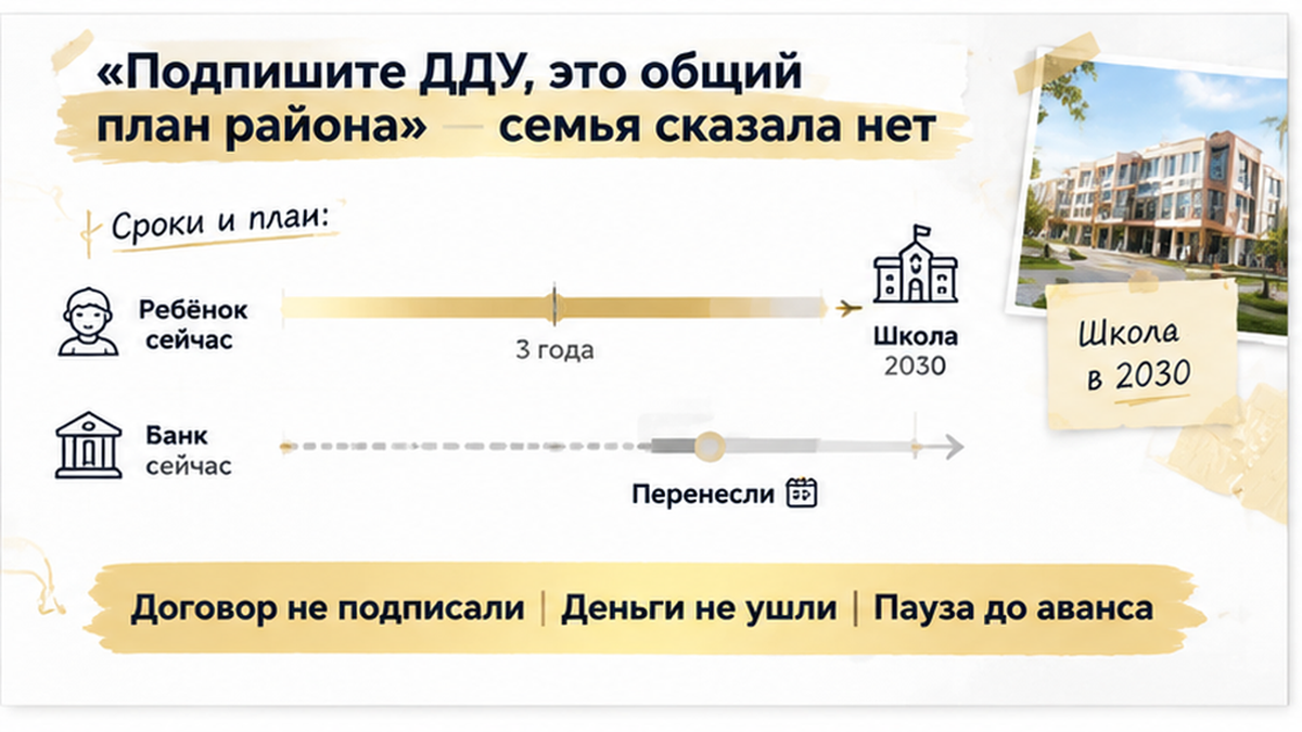 график / шкала сроков по новостройке в Тюмени: Договор не подписали, Деньги не ушли, Пауза до аванса — иллюстрация к разбору сделки.