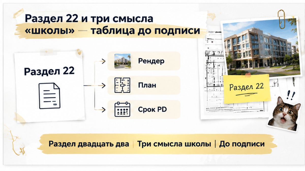 схема устройства механизма по новостройке в Тюмени: Раздел двадцать два, Три смысла школы, До подписи — иллюстрация к разбору сделки.