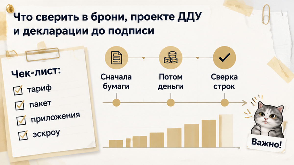 график / шкала сроков по новостройке в Тюмени: Сначала бумаги, Потом деньги, Сверка строк — иллюстрация к разбору сделки.