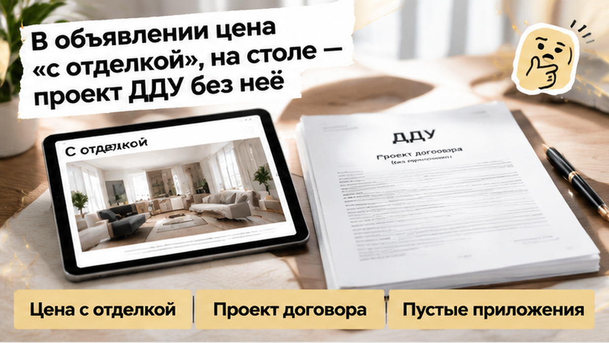 реалистичный кадр (без лица хоста) к разделу «В объявлении цена «с отделкой», проект ДДУ без…» в Тюмени — иллюстрация к кейсу о сделке.
