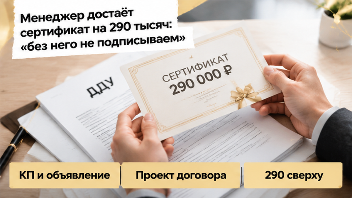 реалистичный кадр (без лица хоста) к разделу «Менеджер достаёт сертификат на 290 тысяч: «без…» в Тюмени — иллюстрация к кейсу о сделке.