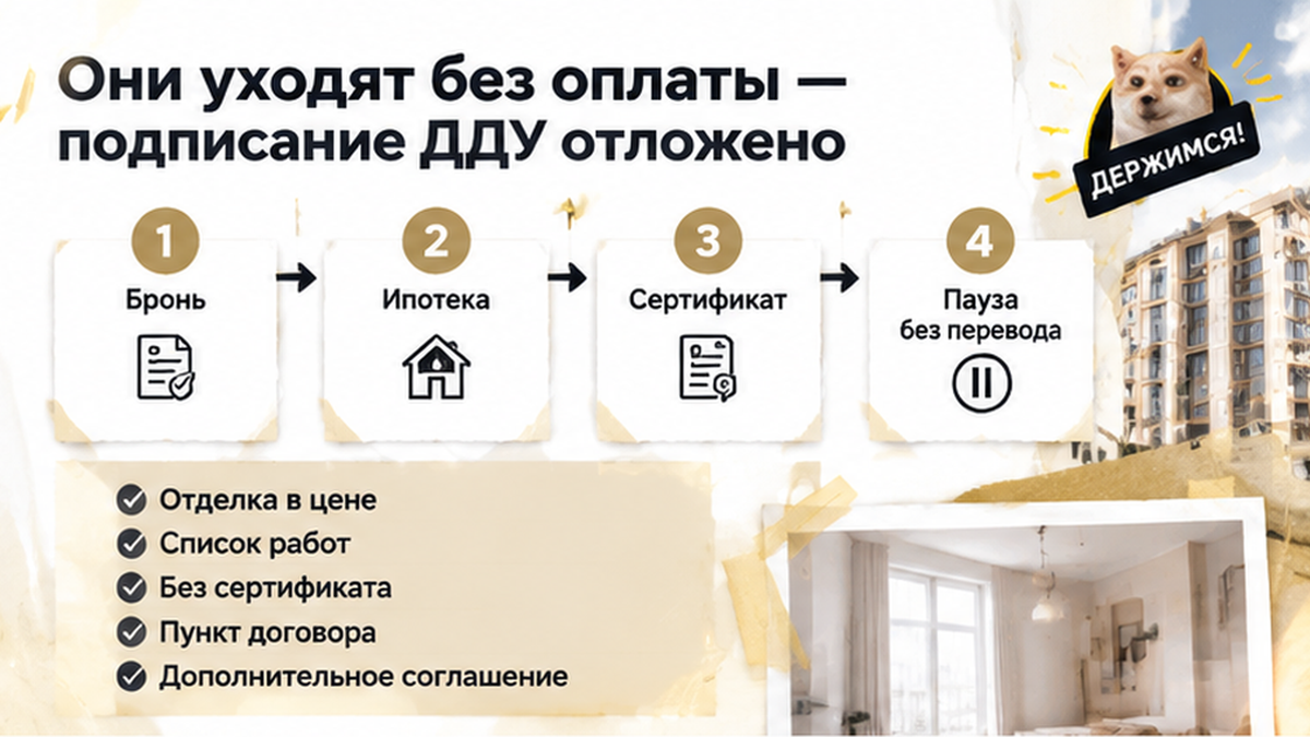 нумерованный процесс / таймлайн по новостройке в Тюмени: Отделка в цене, Список работ, Без сертификата — иллюстрация к разбору сделки.