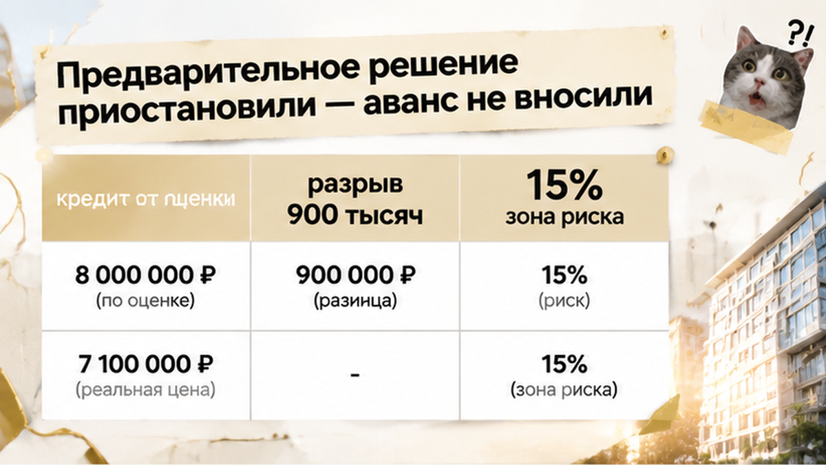 сравнительная таблица с колонками по вторичке в Тюмени: кредит от оценки, разрыв 900 тысяч, 15% зона риска — иллюстрация к разбору сделки.