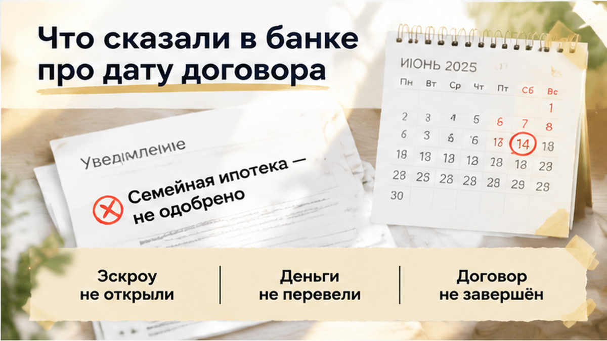 реалистичный кадр (без лица хоста) к разделу «Что сказали в банке про дату договора» в Тюмени — иллюстрация к кейсу о сделке.