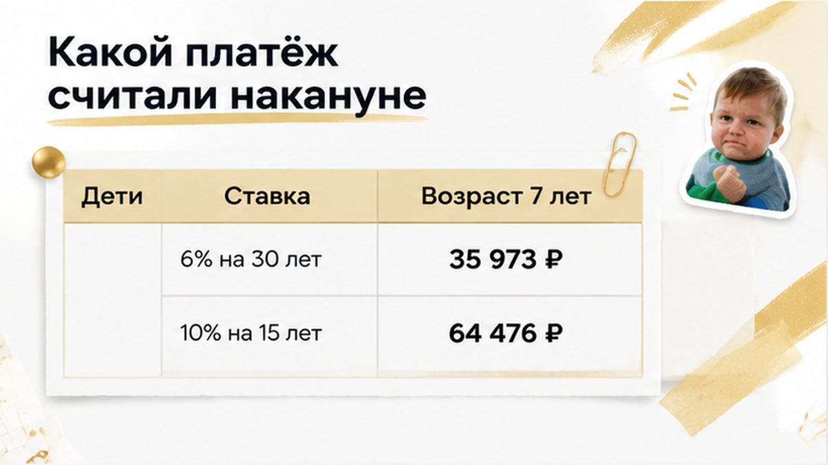 сравнительная таблица с колонками по новостройке в Тюмени: Дети, Ставка, Возраст 7 лет — иллюстрация к разбору сделки.