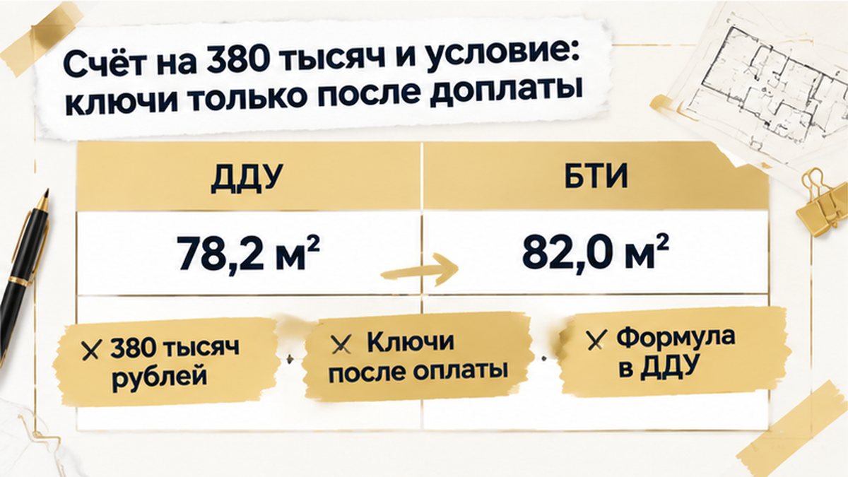 сравнительная таблица с колонками по новостройке в Тюмени: 380 тысяч рублей, Ключи после оплаты, Формула в ДДУ — иллюстрация к разбору…