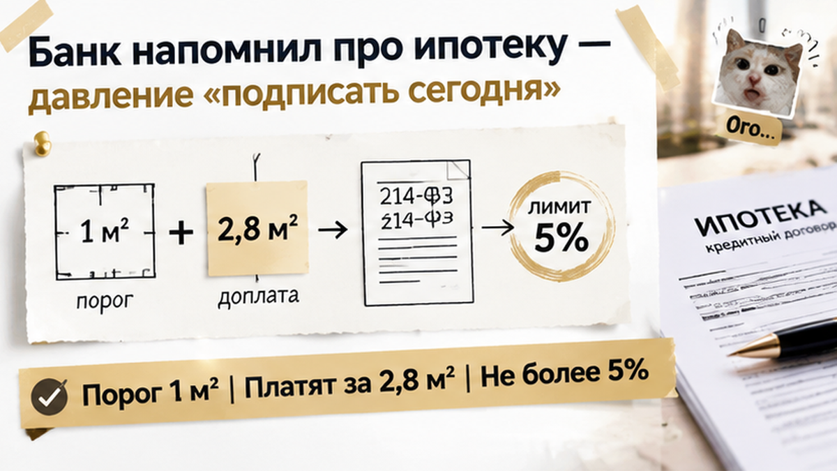 схема устройства механизма по новостройке в Тюмени: Порог 1 м², Платят за 2,8 м², Не более 5% — иллюстрация к разбору сделки.