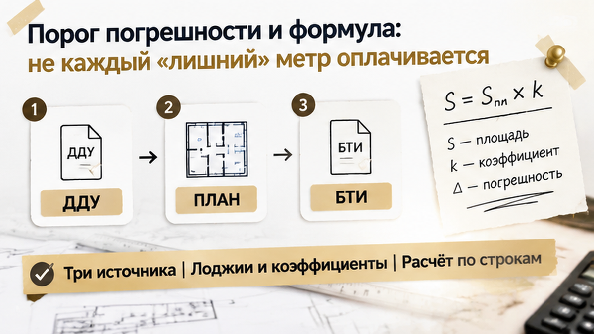 нумерованный процесс / таймлайн по новостройке в Тюмени: Три источника, Лоджии и коэффициенты, Расчёт по строкам — иллюстрация к разбору…