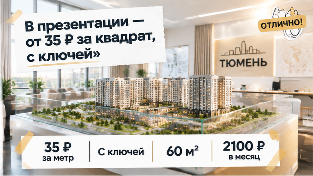 реалистичный кадр (без лица хоста) к разделу ««В презентации — от 35 ₽ за квадрат, с ключей»» в Тюмени — иллюстрация к кейсу о сделке.