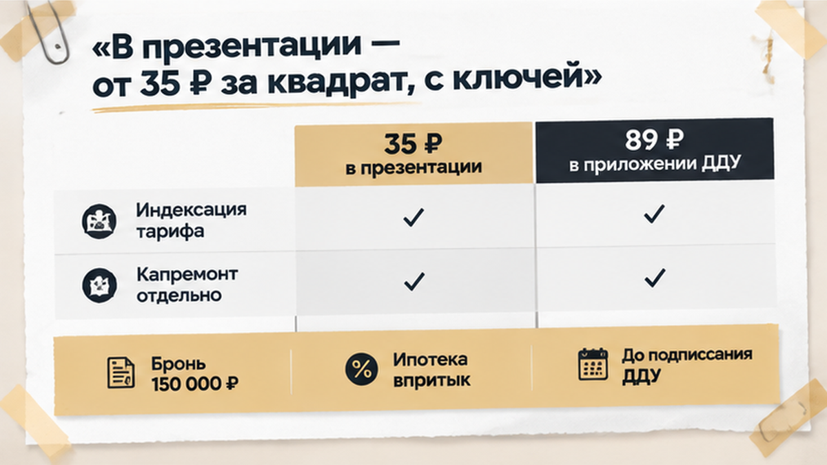 сравнительная таблица с колонками по новостройке в Тюмени: Бронь 150 000 ₽, Ипотека впритык, До подписания ДДУ — иллюстрация к разбору…