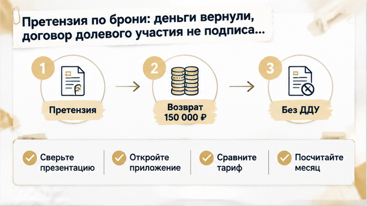 нумерованный процесс / таймлайн по новостройке в Тюмени: Сверьте презентацию, Откройте приложение, Сравните тариф — иллюстрация к разбору…