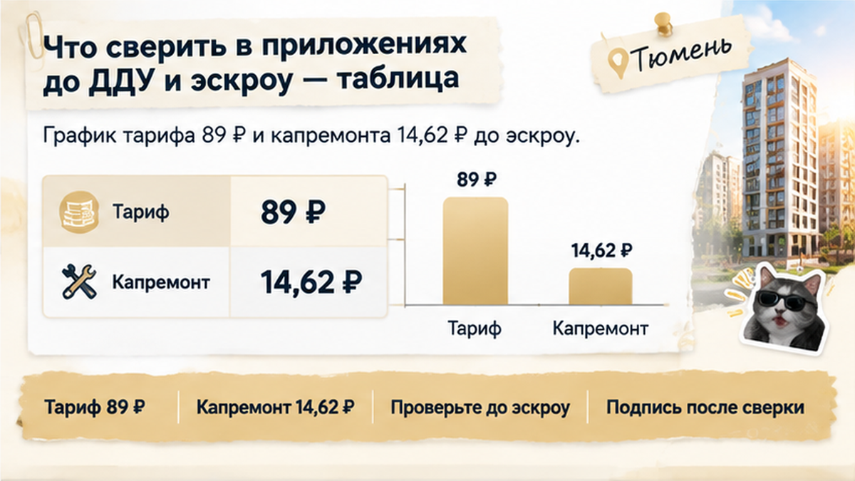 график / шкала сроков по новостройке в Тюмени: Тариф 89 ₽, Капремонт 14,62 ₽, Проверьте до эскроу — иллюстрация к разбору сделки.