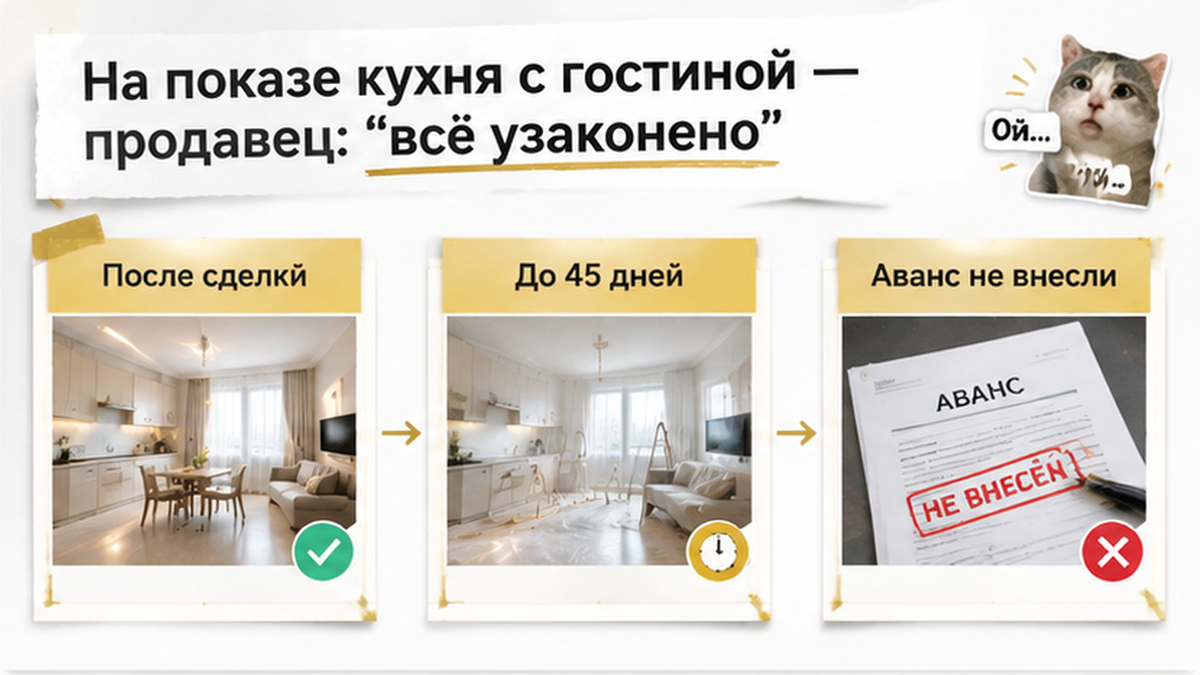 сравнительная таблица с колонками к разделу «На показе кухня с гостиной — продавец: “всё уза…» в Тюмени — иллюстрация к кейсу о сделке.
