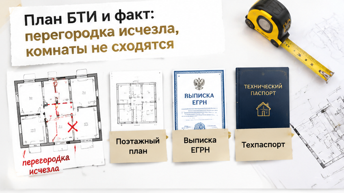 карточка фактов к разделу «План БТИ и факт: перегородка исчезла, комнаты н…» в Тюмени — иллюстрация к кейсу о сделке.