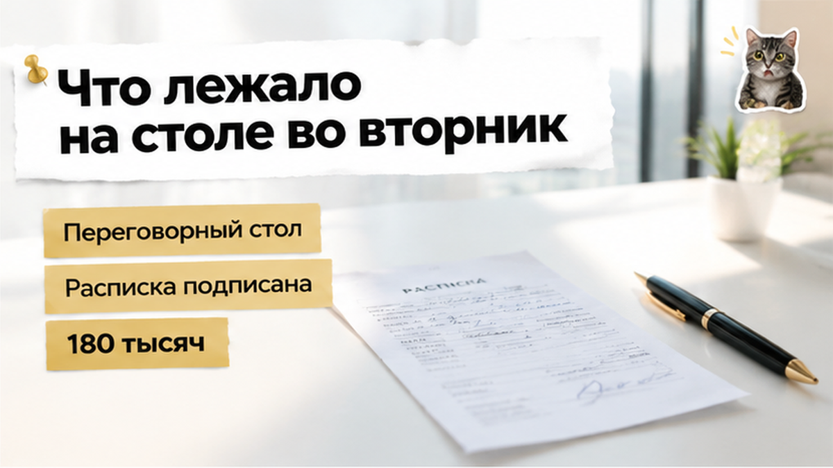 реалистичный кадр (без лица хоста) к разделу «Что лежало в бумагах во вторник» в Тюмени — иллюстрация к кейсу о сделке.