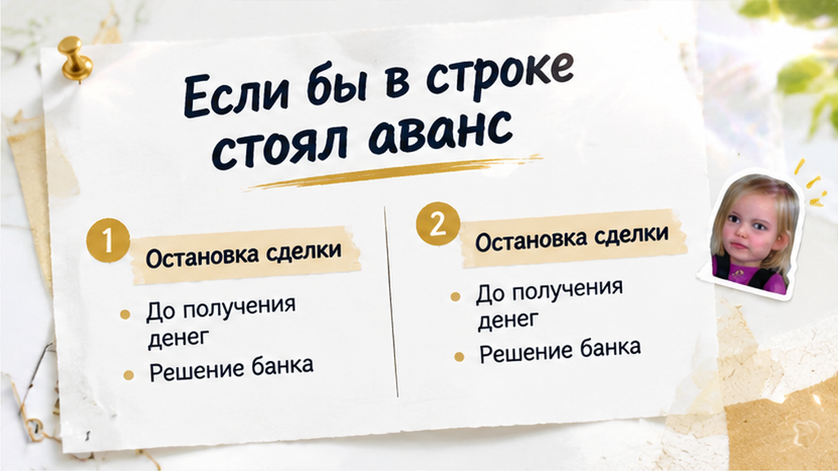 нумерованный процесс / таймлайн по вторичке в Тюмени: Остановка сделки, До получения денег, Решение банка — иллюстрация к разбору сделки.