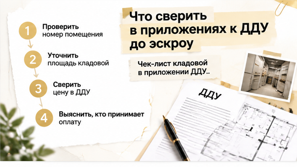 нумерованный процесс / таймлайн по новостройке в Тюмени: номер помещения, площадь кладовой, цена в ДДУ — иллюстрация к разбору сделки.