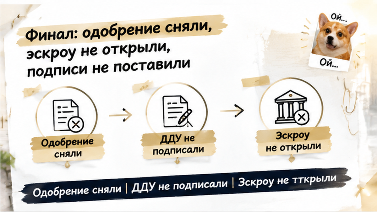 нумерованный процесс / таймлайн по новостройке в Тюмени: Одобрение сняли, ДДУ не подписали, Эскроу не открыли — иллюстрация к разбору сделки