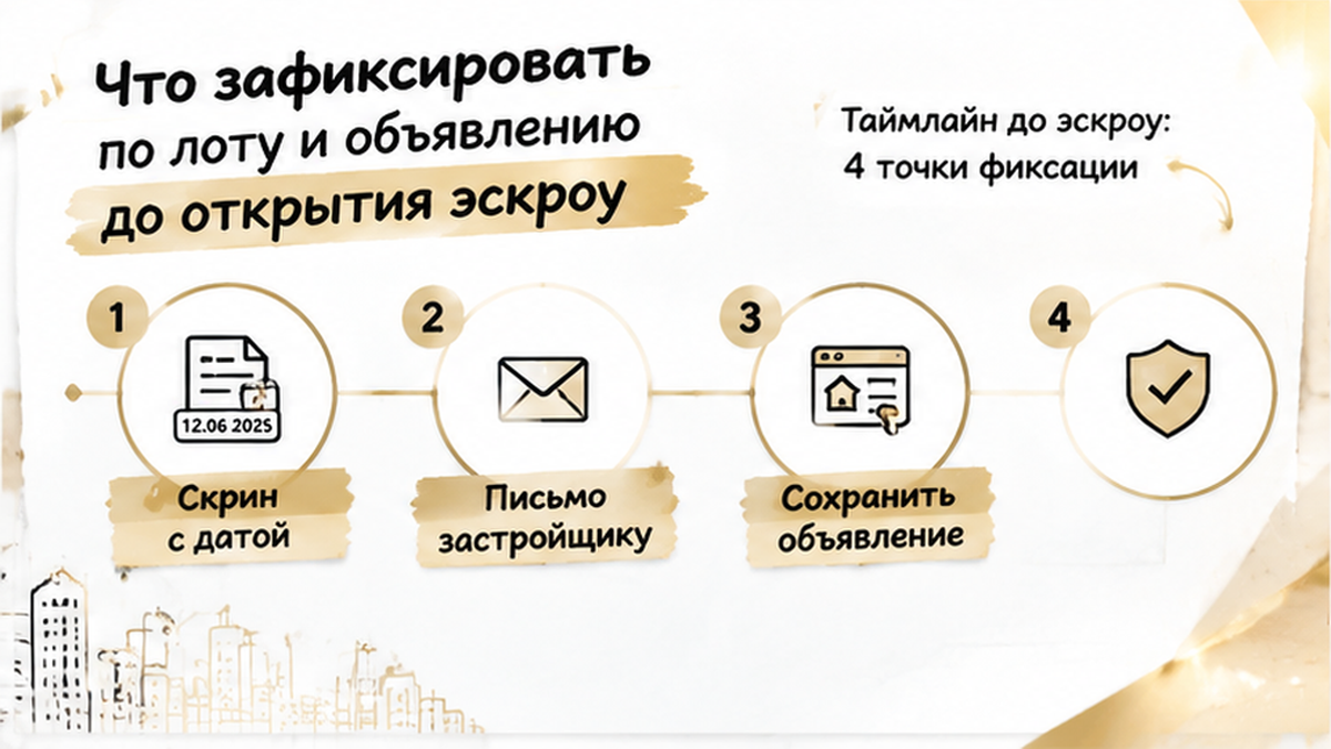 график / шкала сроков по новостройке в Тюмени: Скрин с датой, Письмо застройщику, Сохранить объявление — иллюстрация к разбору сделки.